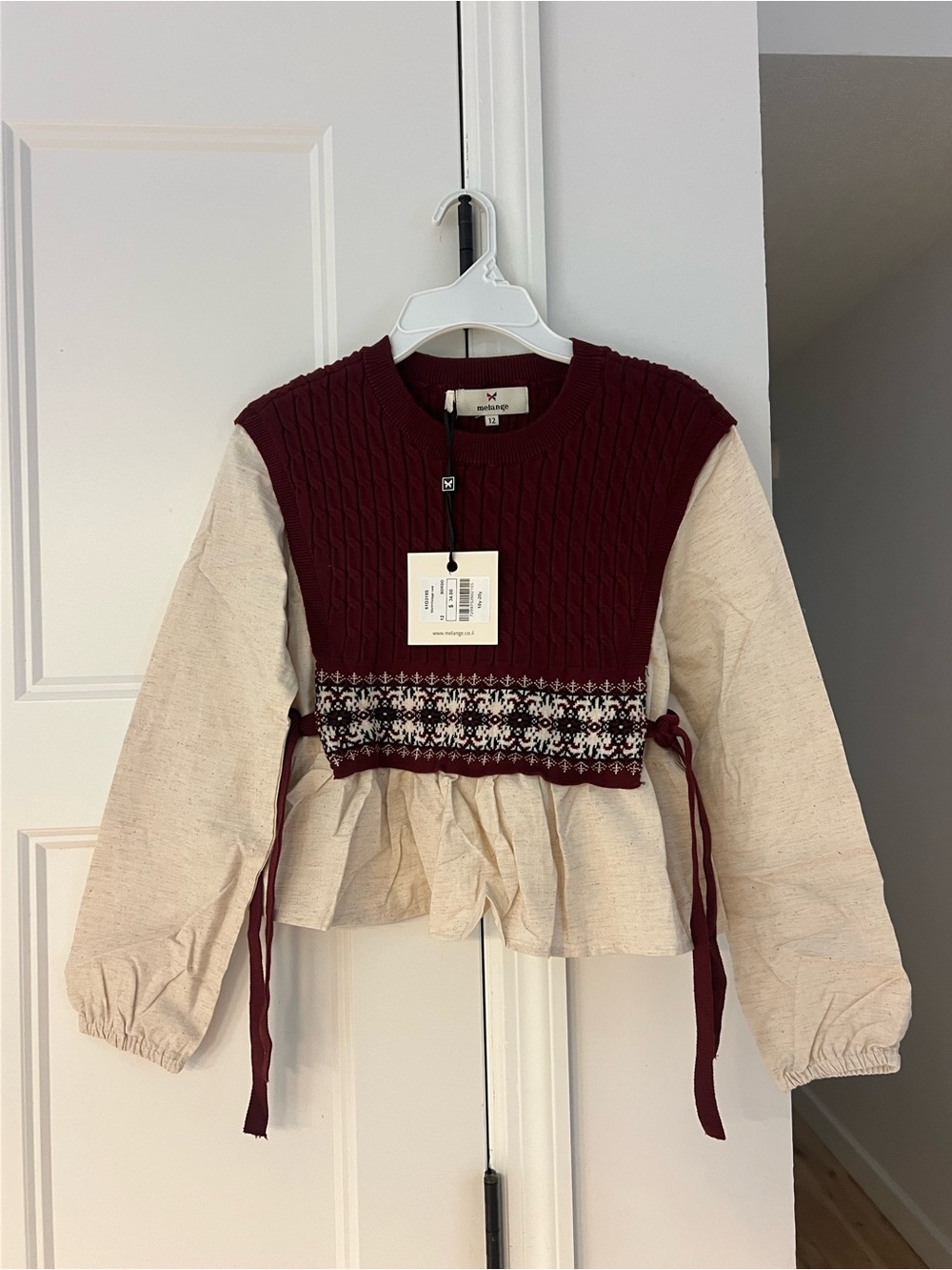 Melange Burgundy and Cream Layered Cable Knit Pullover